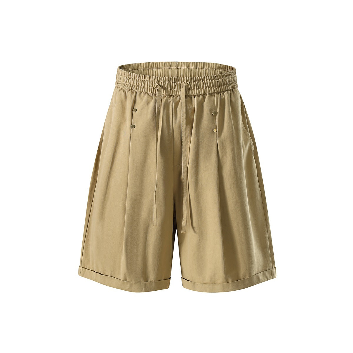 Khaki pleated wide-leg shorts with drawstring elastic waist, metal rivets and rolled cuffs, front view