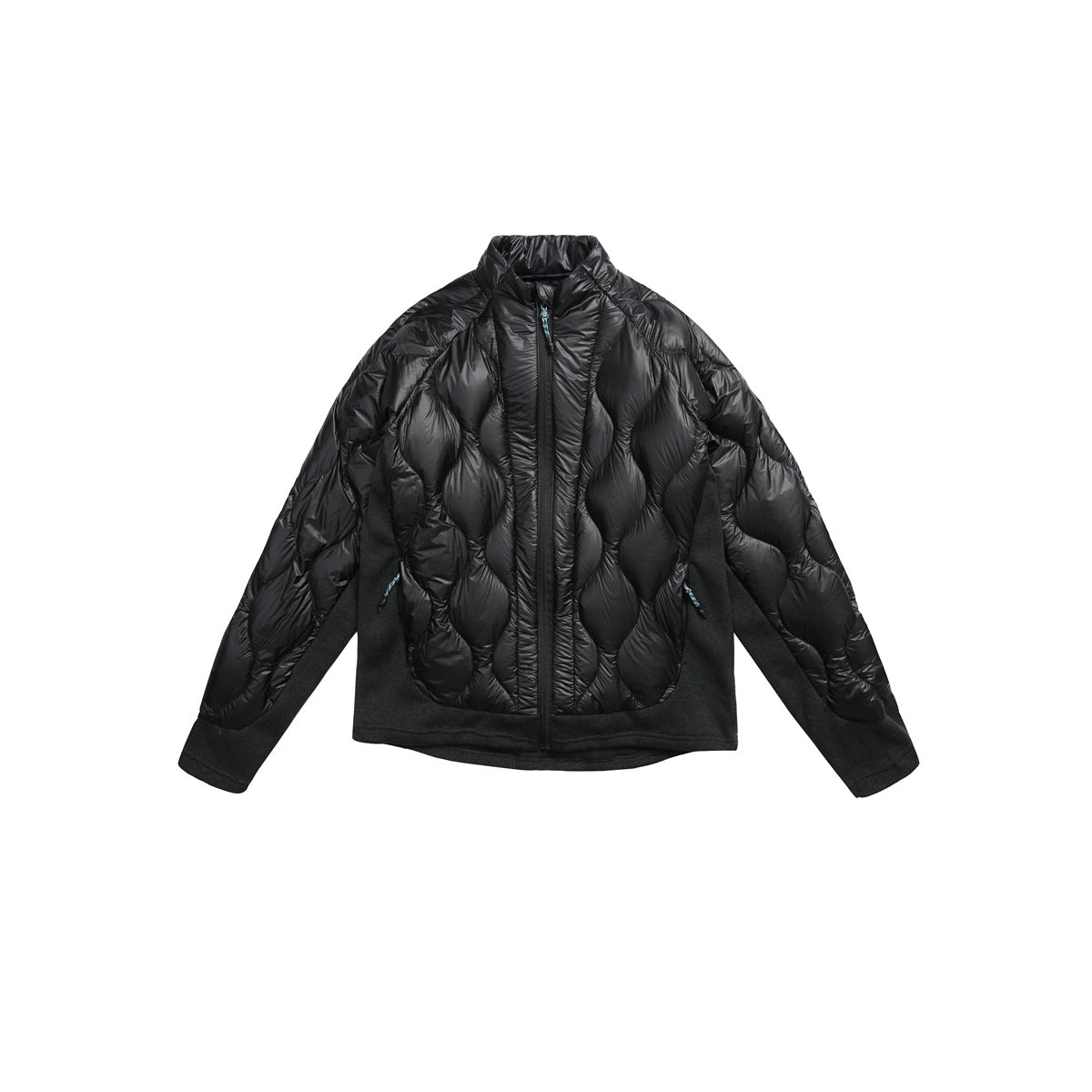 Black quilted stand-collar zip jacket with dark knit side panels and teal zipper pull details, front view