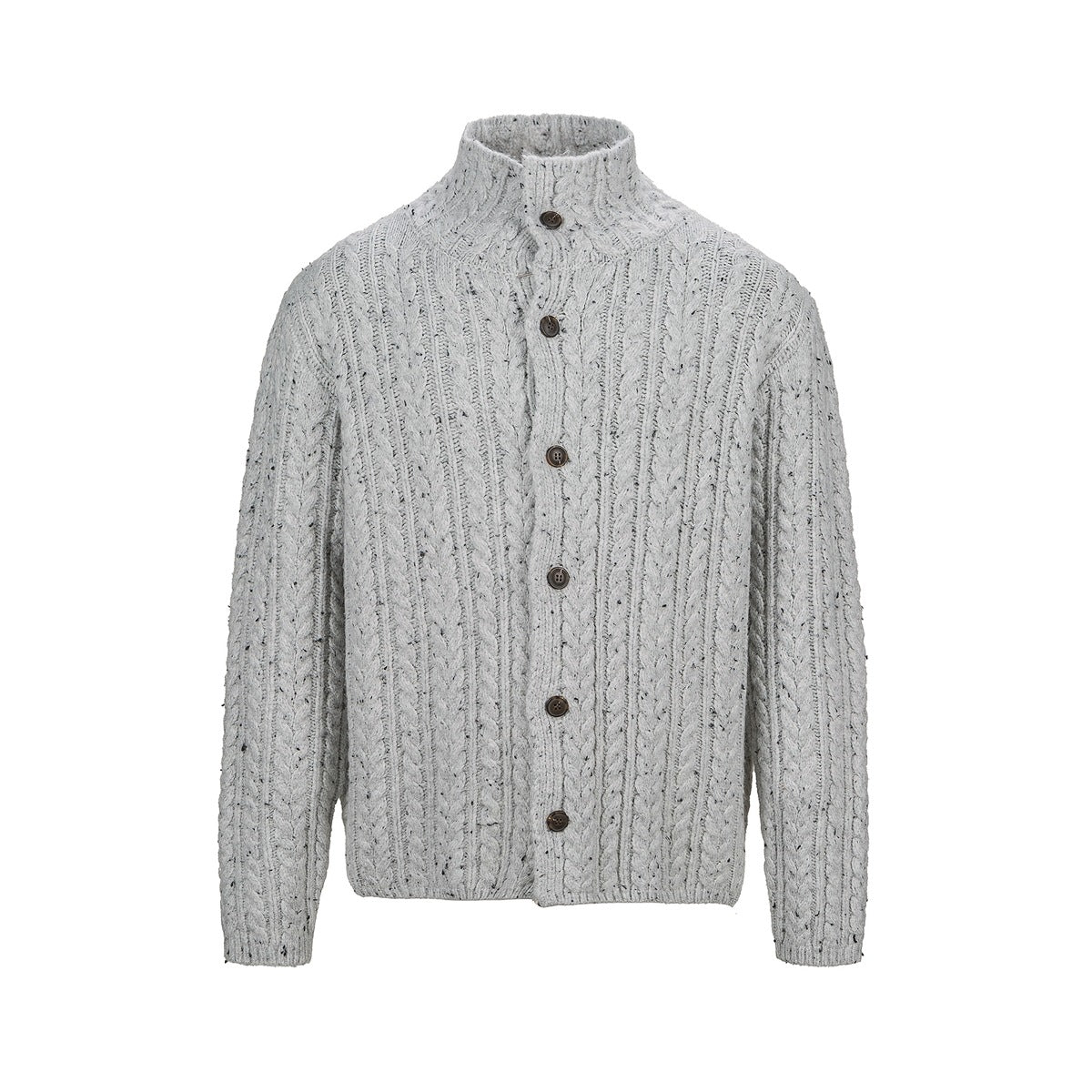 Light gray cable-knit button-front cardigan with stand collar and dark brown buttons, flat front view