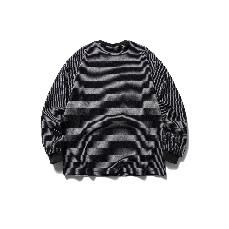 Back view of a black long-sleeve shirt with fine white horizontal stripes and black ribbed cuffs.