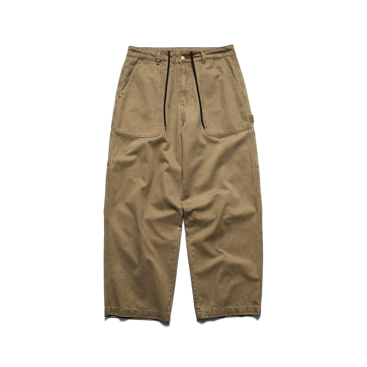 Khaki wide-leg work pants flat lay, front view with drawstring, large patch pockets and button fly