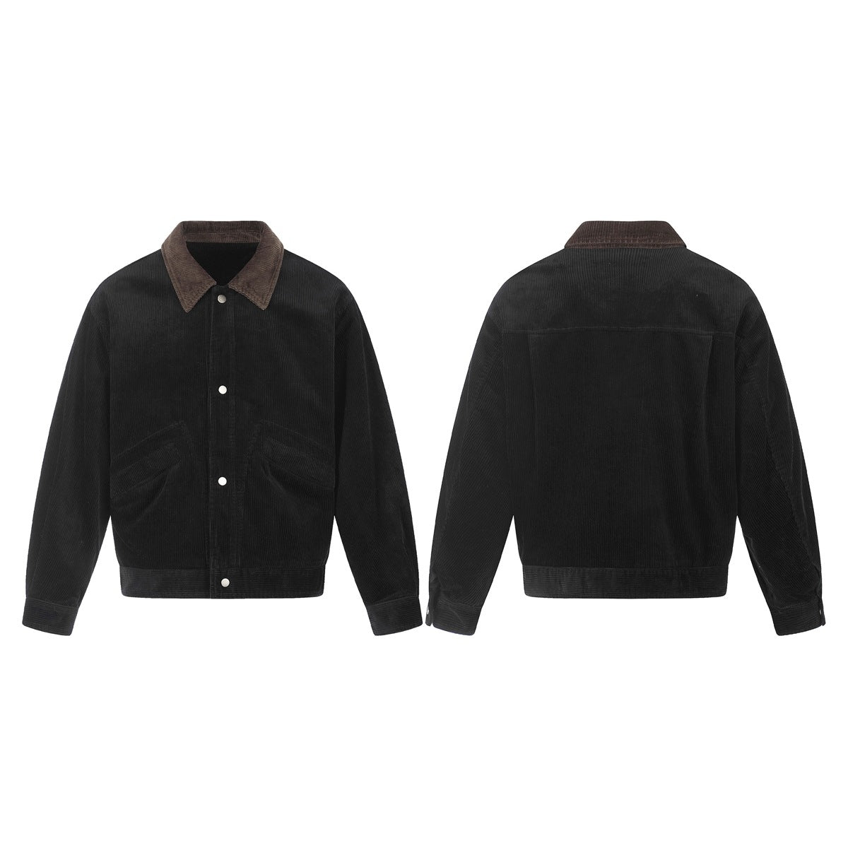 Black ribbed jacket shown from the front and back, with a brown collar, snap closure, and two front pockets.