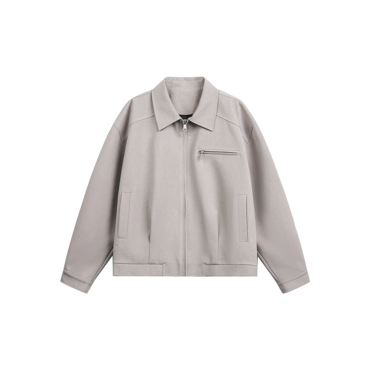 Light khaki zip-front collared jacket flat lay with chest zip pocket, slanted pockets and banded hem