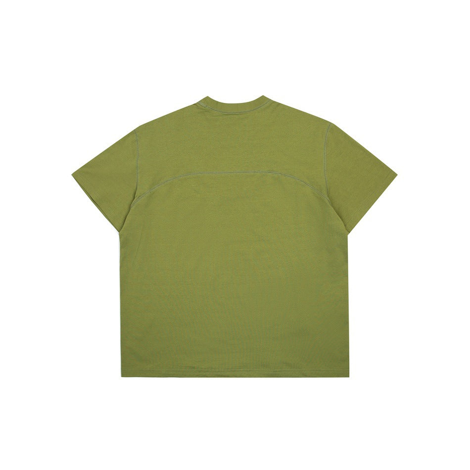 Back view of a plain olive-green short-sleeve crew-neck T-shirt with curved seam detailing.