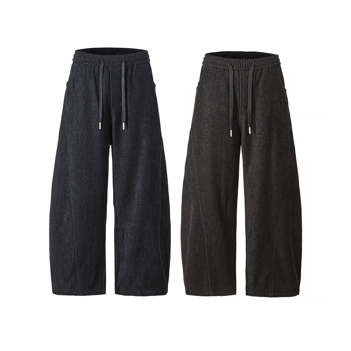 Front view of wide-leg drawstring pants in dark navy and charcoal, shown side by side.