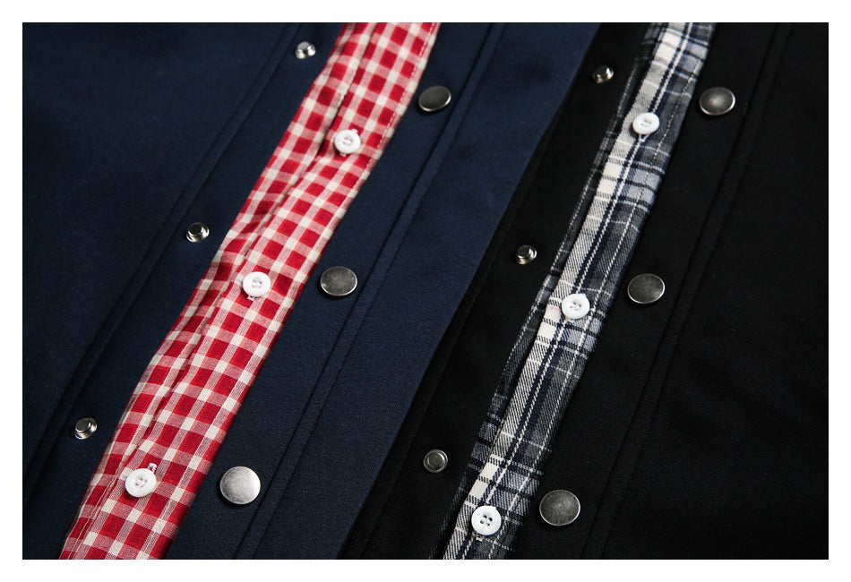 Close-up of navy and black jacket fronts showing plaid plackets, white buttons, and metal snaps.