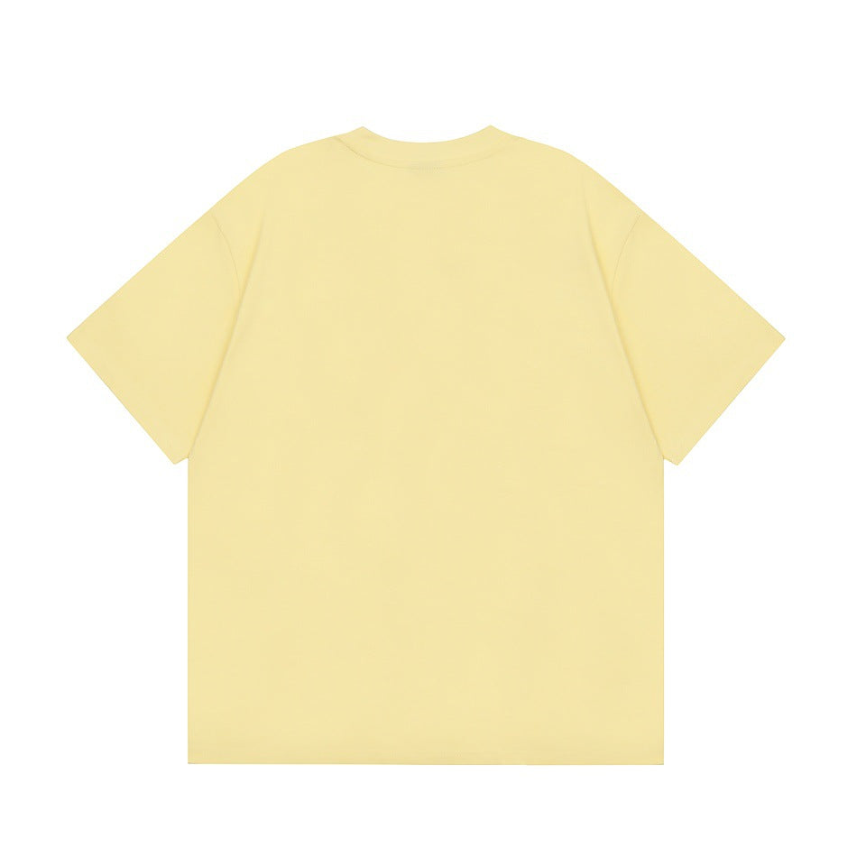 Back view of a plain pale yellow short-sleeve crew-neck T-shirt laid flat on white.