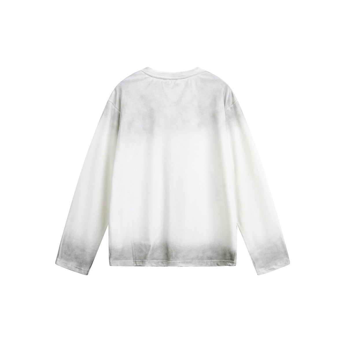Plain white long-sleeve crew-neck shirt with subtle gray shading near the hem, shown from the back.