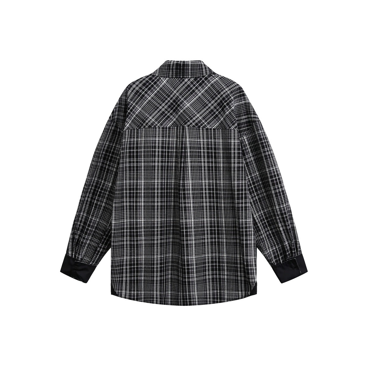 Back view of a long-sleeved black-and-white plaid shirt with a yoke and solid-black cuffs.
