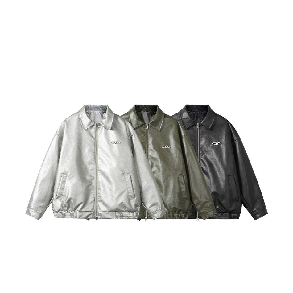 Three front-facing zip jackets with pointed collars and elastic hems in silver, olive, and black.