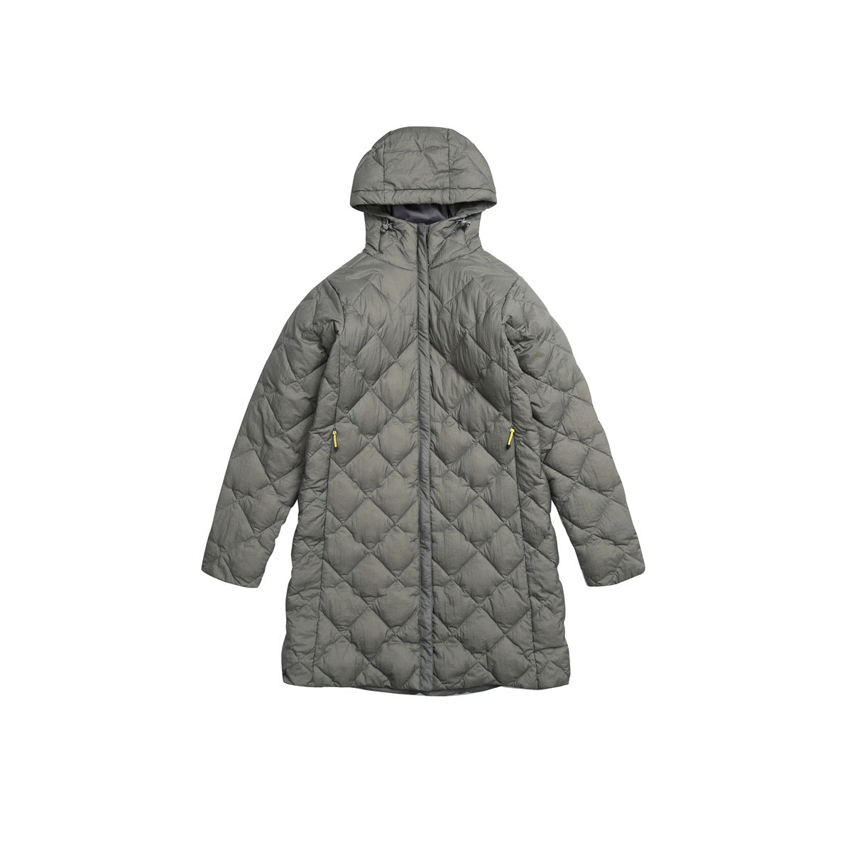 Gray quilted long hooded jacket with diamond pattern and yellow zipper pulls, flat lay front view