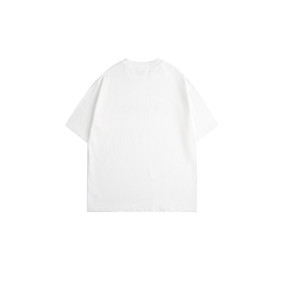 Back view of a plain white short-sleeve crew neck T-shirt with no print