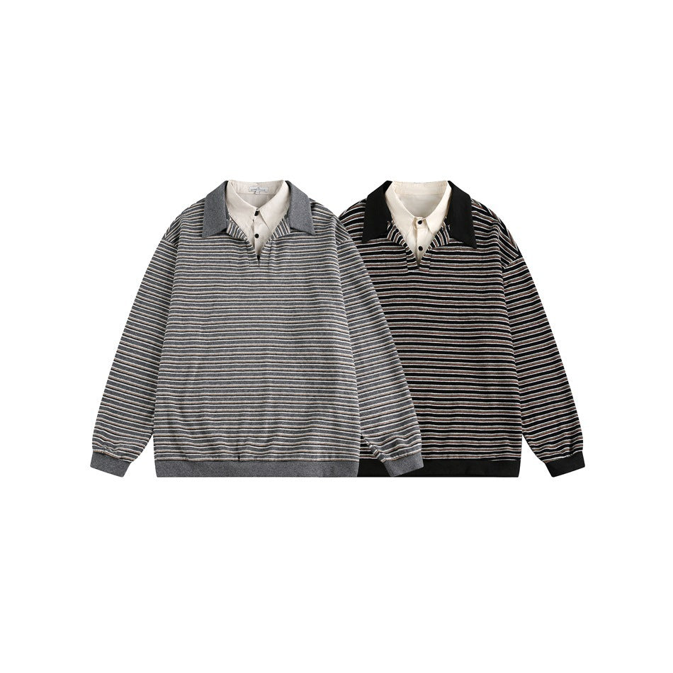 Two striped long-sleeve polos shown front-facing: one gray with a gray collar and one black with a black collar.