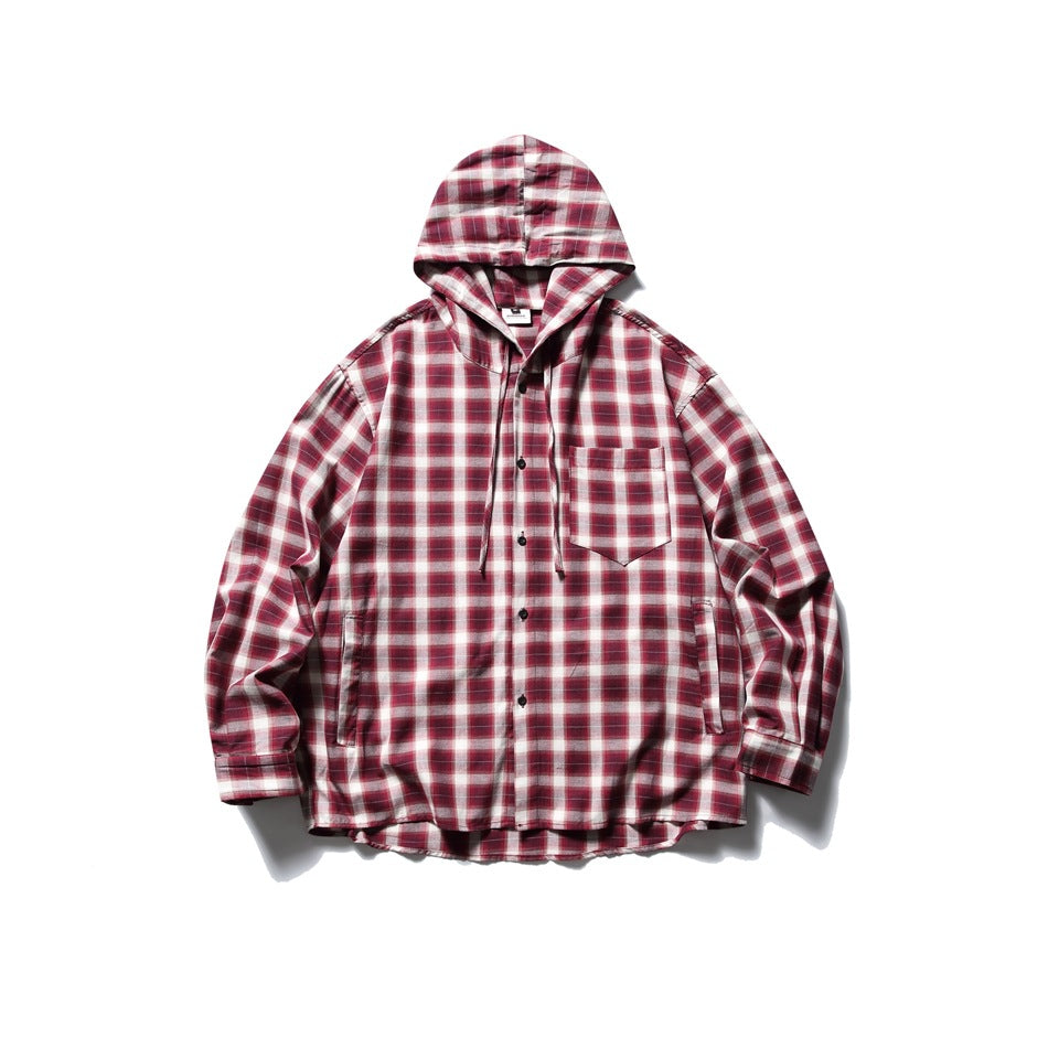 Red and white plaid hooded button-up shirt jacket with chest pocket and drawstrings, flat lay front view