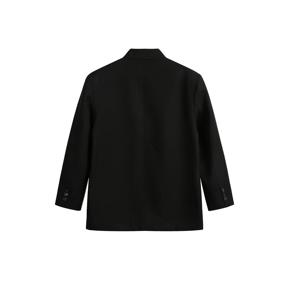 Back view of a black jacket with a short stand collar, straight hem, and three buttons at each cuff.