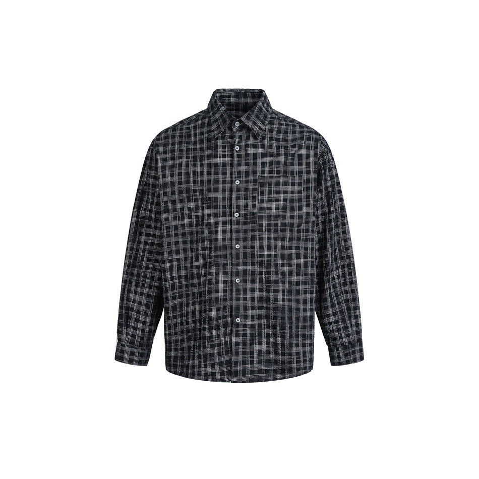 Black checked long-sleeve button-up shirt with white check lines, collar and chest pocket, front view