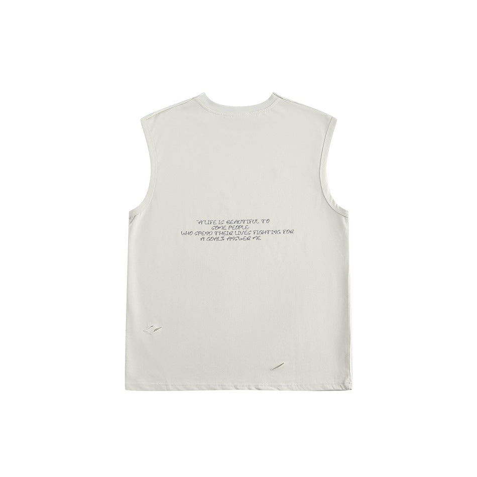 Back view of an off-white sleeveless top with a small handwritten-style English quote and two distressed slits.