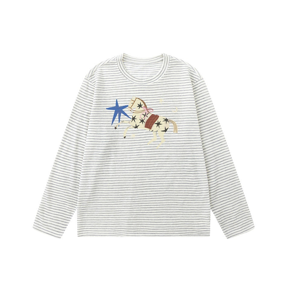 Gray and white striped long-sleeve crew-neck tee with a printed star-patterned horse and blue star on the chest