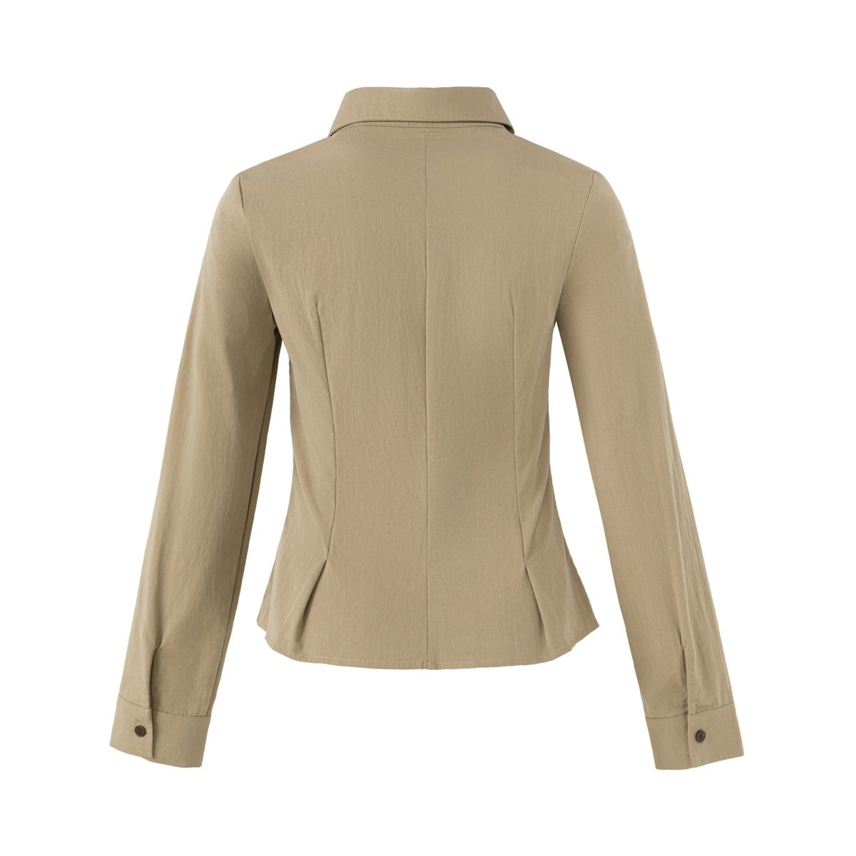 Back view of the khaki shirt, showing its collar, long sleeves, shaped waist, and curved hem.