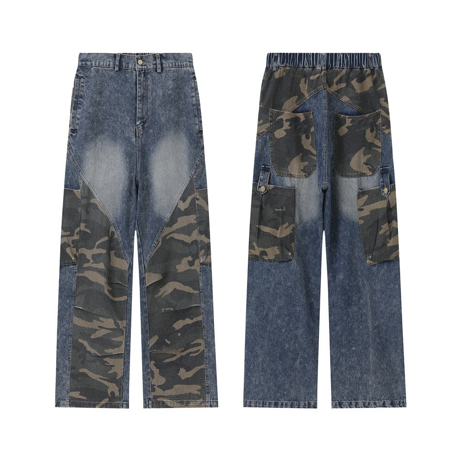 Front and back views of wide-leg blue jeans with camouflage panels and cargo pockets.