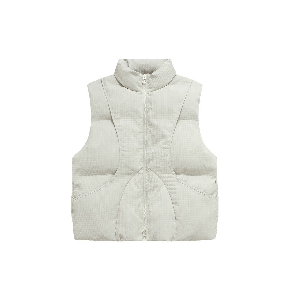 Off-white waffle-textured puffer vest with stand collar and front zipper, shown flat from the front