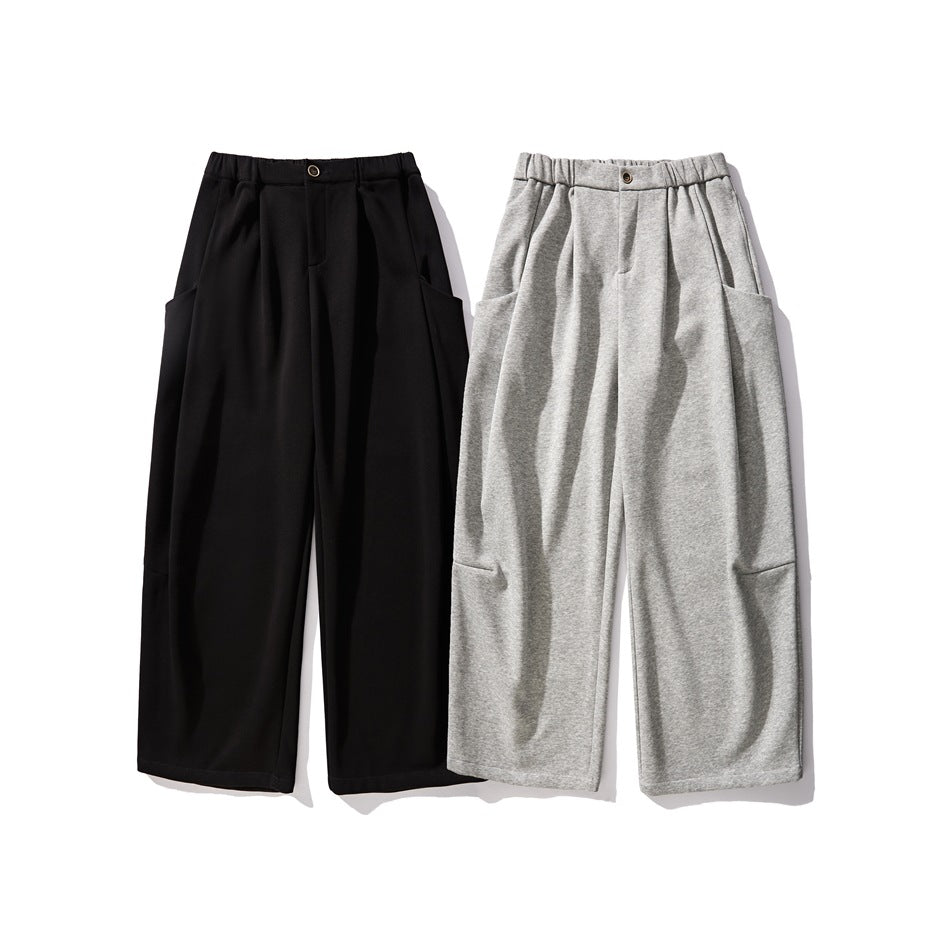 Front view of wide-leg trousers in black and heather gray, shown side by side.