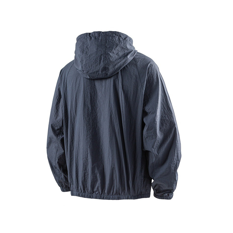 Back view of a charcoal hooded jacket with long sleeves and an elasticated hem.