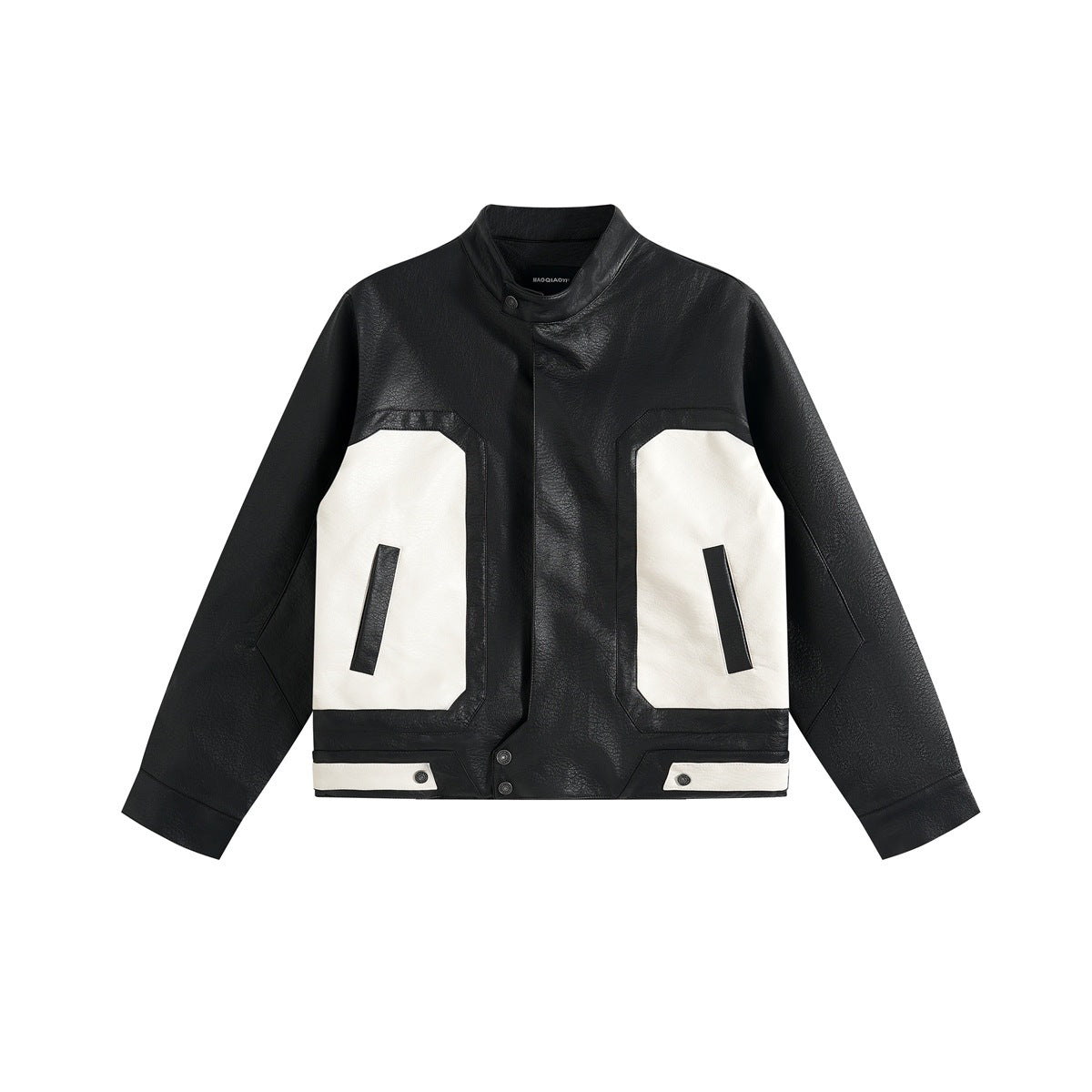 Black faux-leather stand-collar jacket with cream color-block panels, slit pockets and snap hem tabs, flat front view