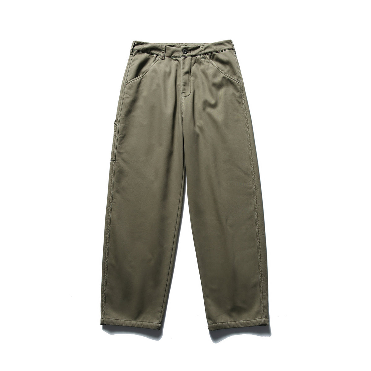 Olive green wide-leg work-style pants flat lay, front view with button fly, belt loops and slanted pockets