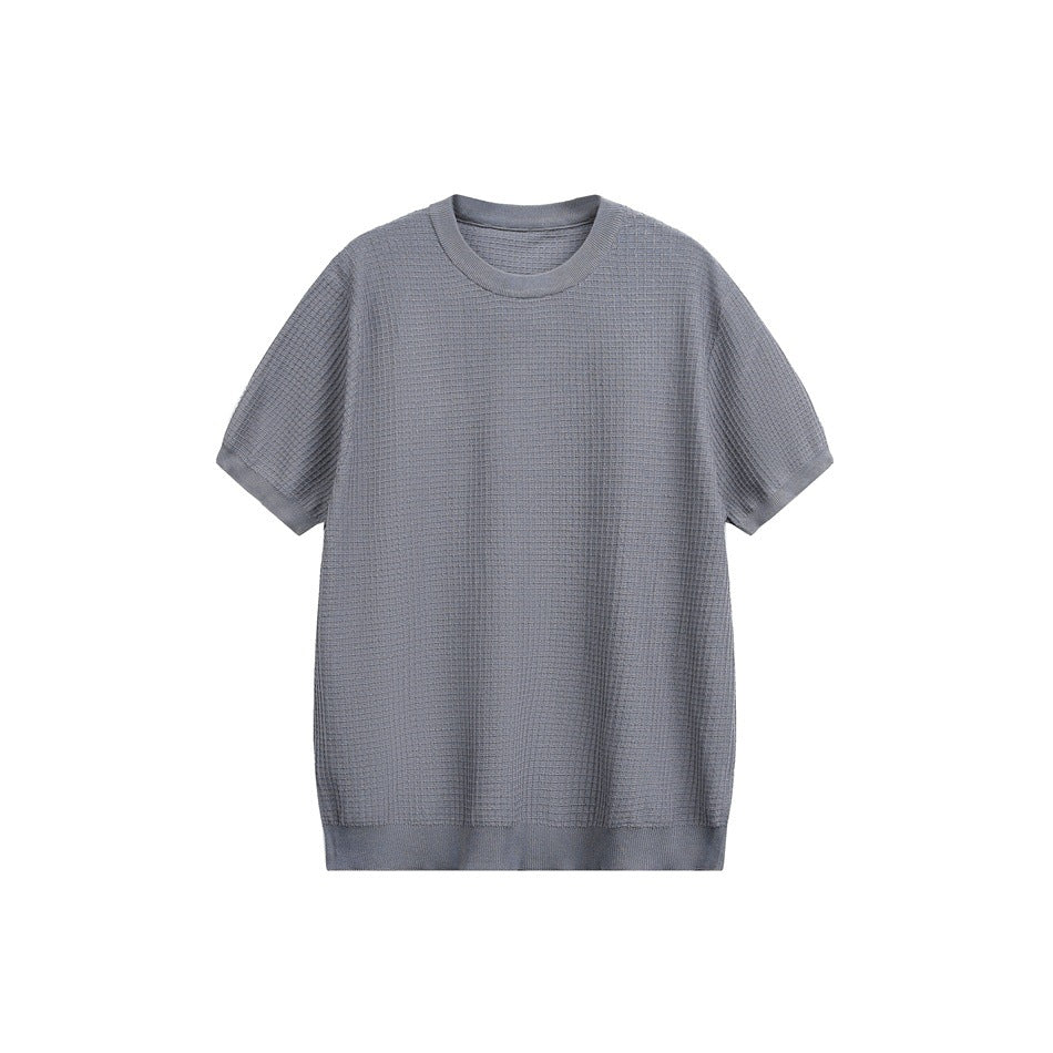 Gray short-sleeve crew neck top with waffle-grid knit texture and ribbed trim, flat front view