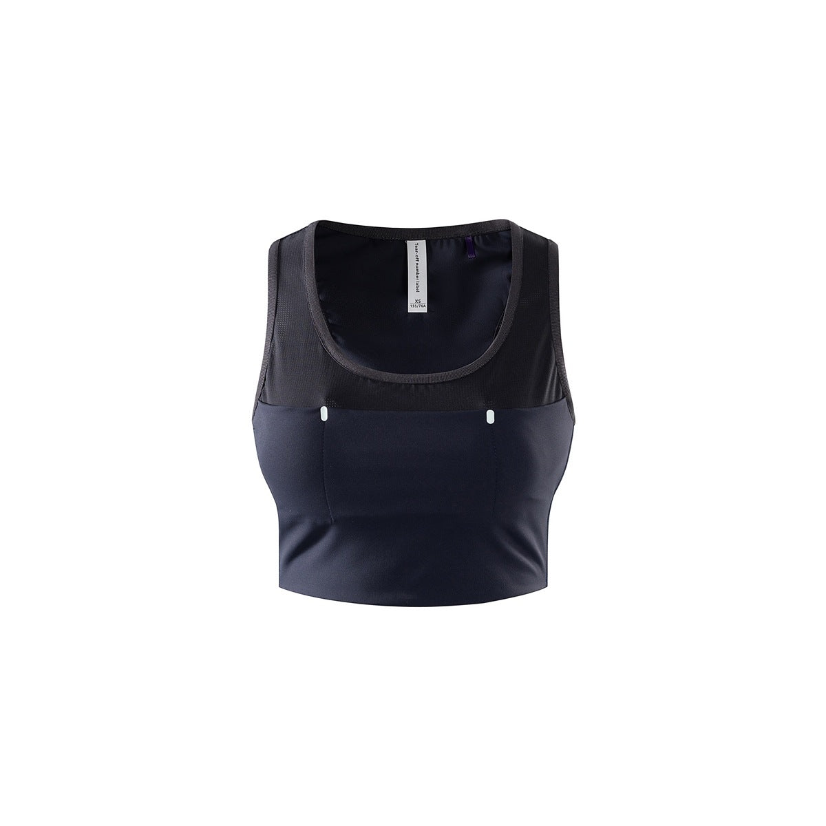 Black and navy cropped sleeveless tank top with scoop neckline and mesh upper panel, front view