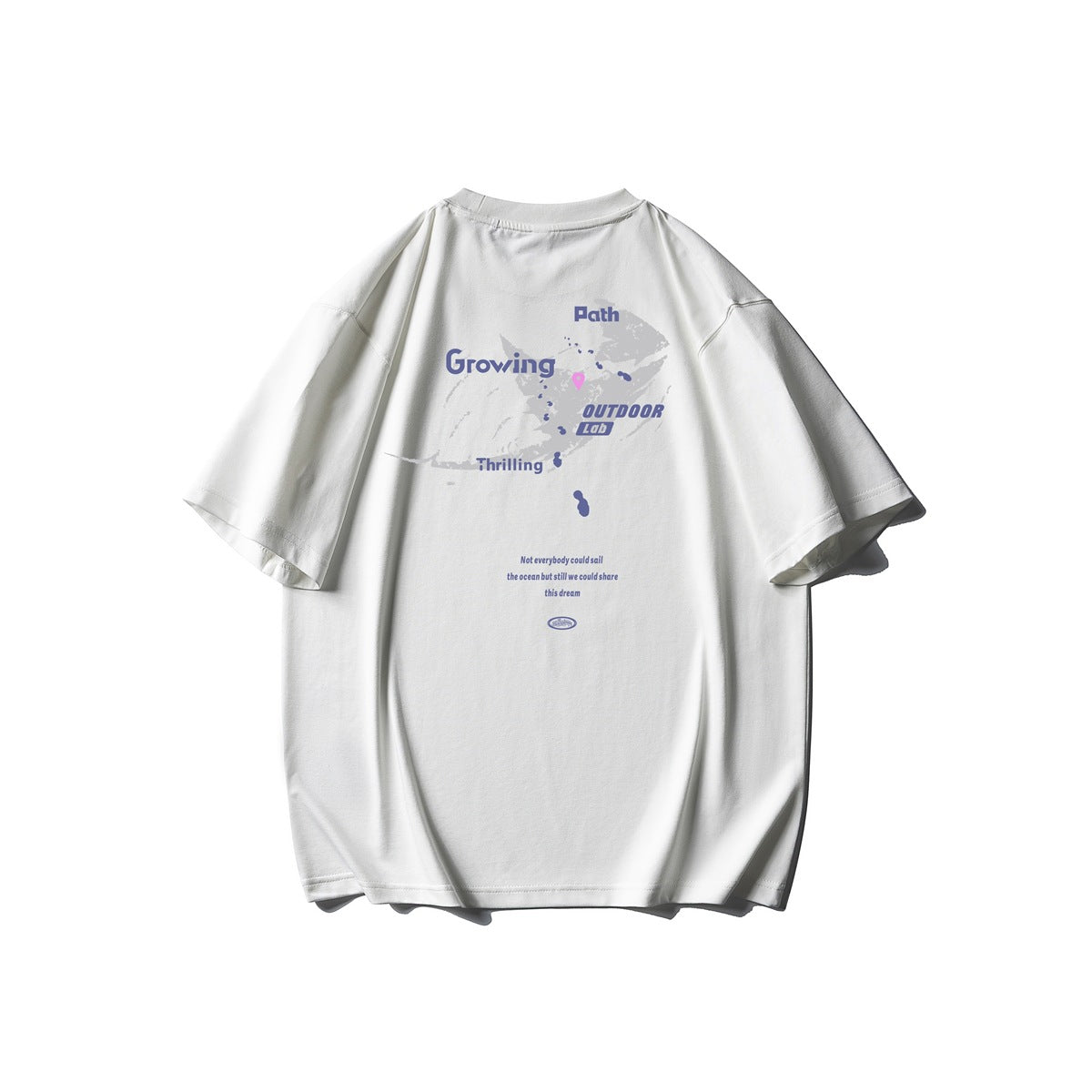 White short-sleeve T-shirt back view with purple and gray Growing Path OUTDOOR Lab graphic print