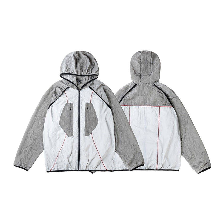 Light gray hooded jacket shown flat, with front and back views, dark gray panels, and thin red piping.
