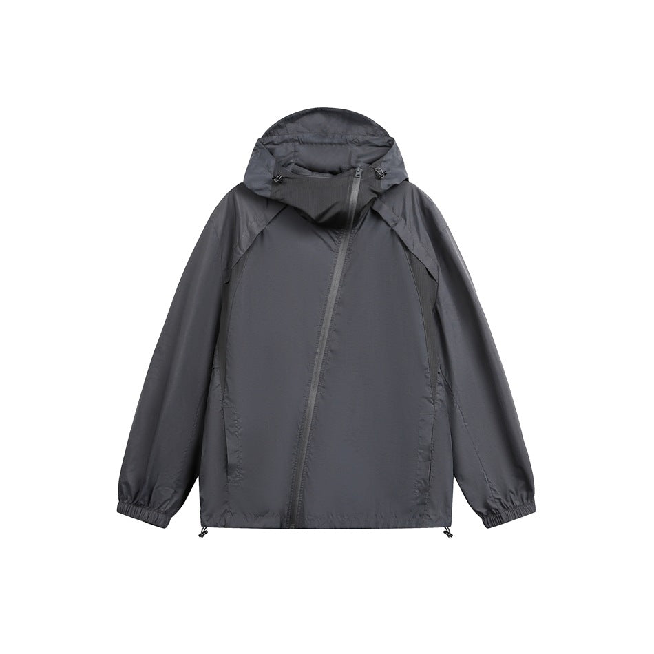 Dark gray hooded jacket with diagonal zipper and mesh-like panels, flat front view