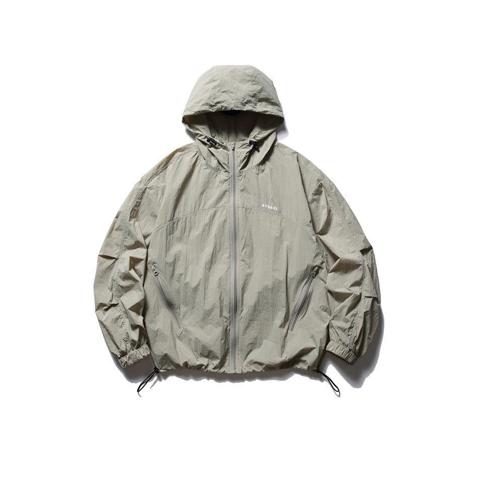 Light gray hooded zip-up jacket with crinkled finish, diagonal zip pockets and drawcord hem, flat front view