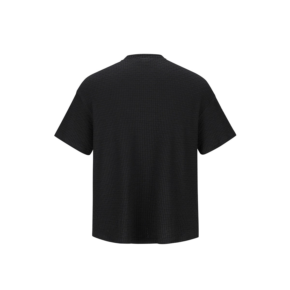 Back view of black short-sleeve T-shirt with grid-textured knit, round neckline and dropped shoulders