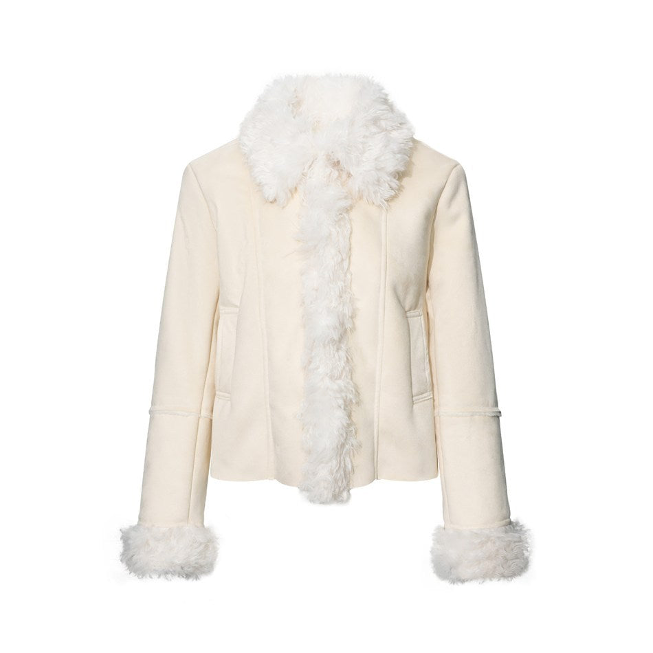Cream-white suede-look jacket with fluffy white fleece-like collar, front trim and cuffs, flat front view