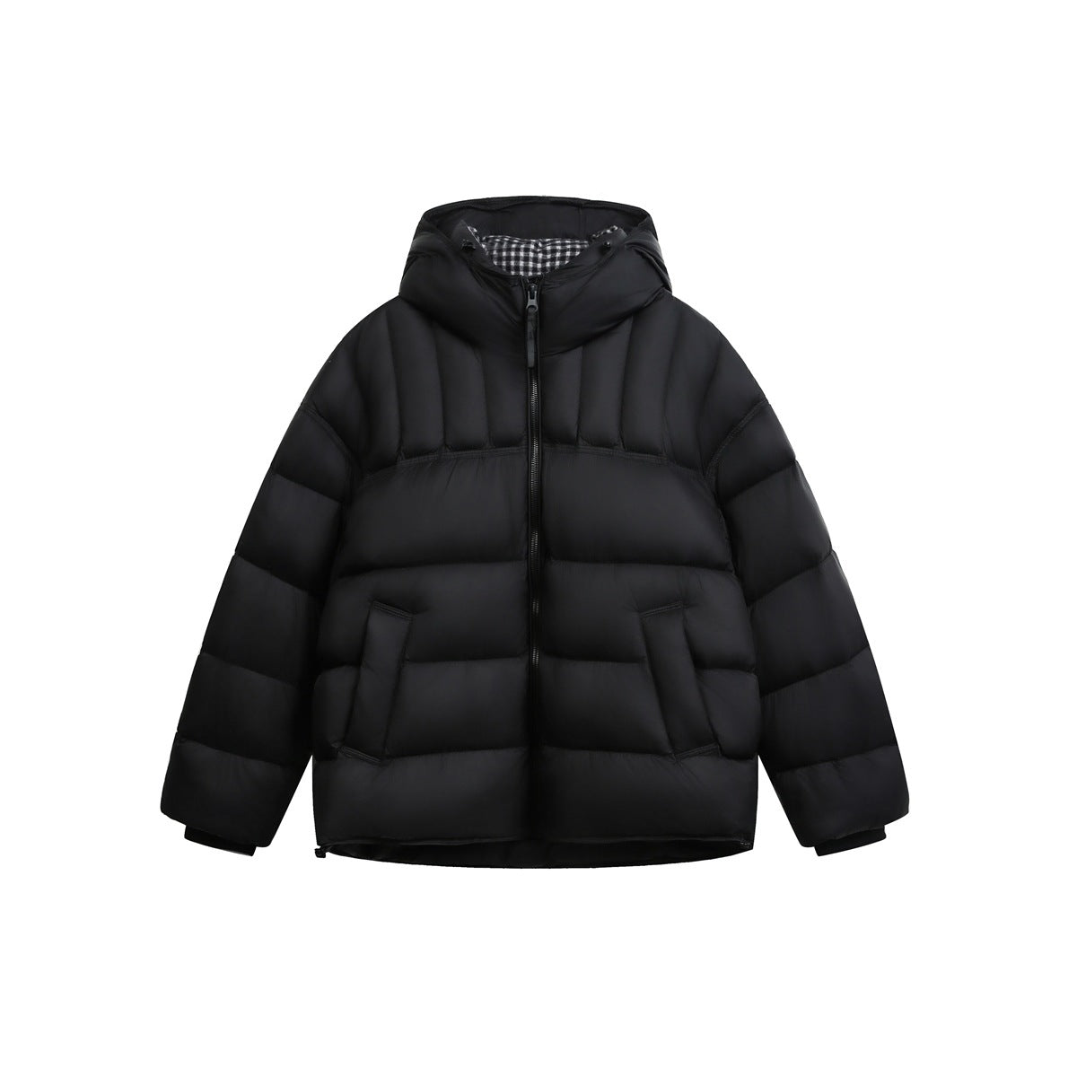 Black hooded puffer jacket, front view, with front zipper, pockets and black-and-white checked hood lining