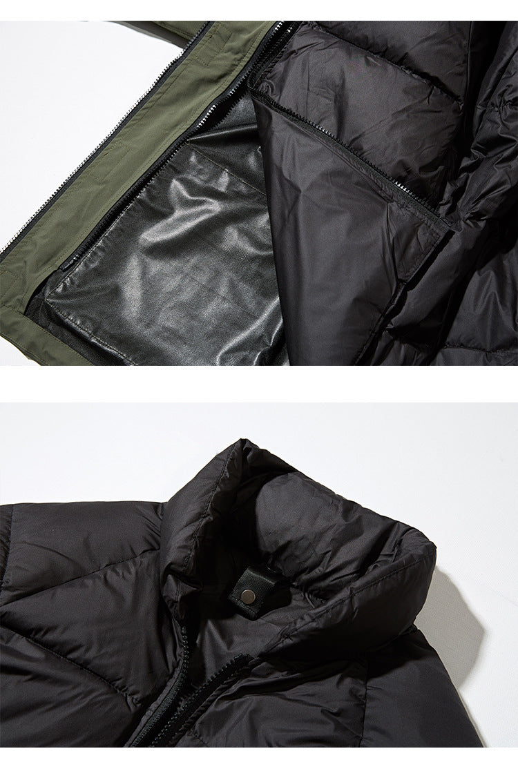 Two close-ups show the olive jacket's inner lining panel and the black quilted hood with its fastening tab.