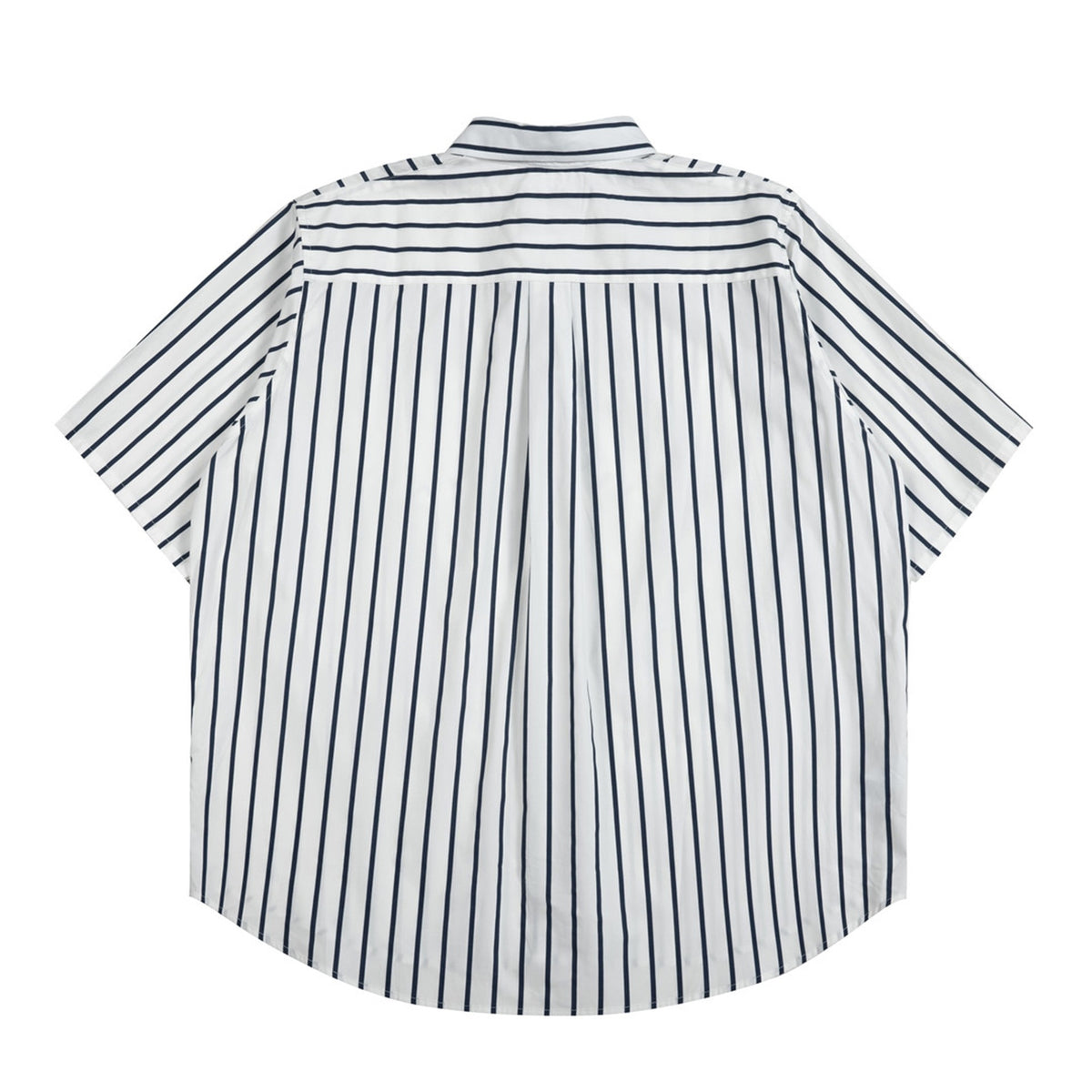 Back view of a white short-sleeve button-up shirt with navy stripes arranged horizontally across the yoke and vertically
