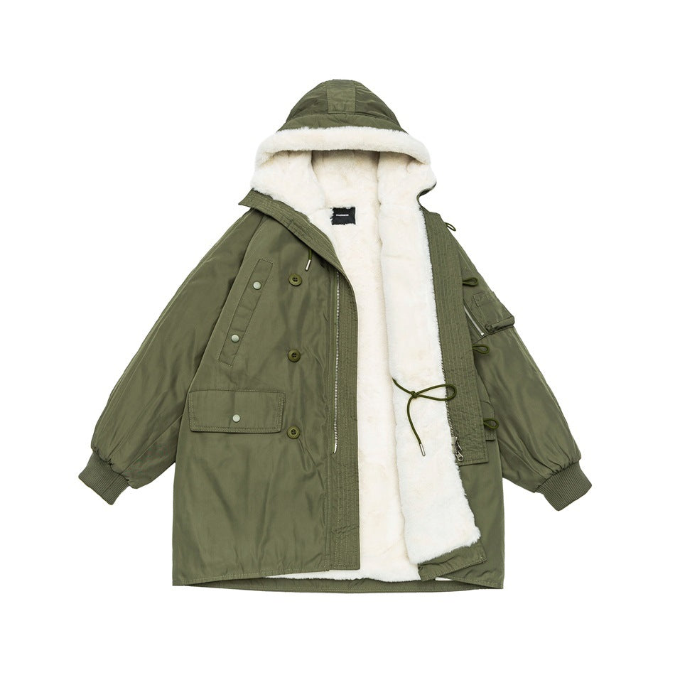 Olive hooded parka shown open to reveal its plush white lining, front buttons, pockets, and drawcords.