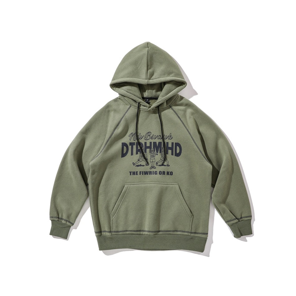 Green pullover hoodie flat lay with black chest graphic, kangaroo pocket, drawstrings and ribbed cuffs