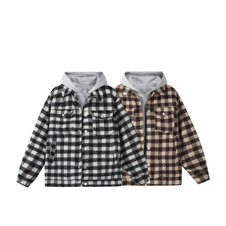 Two hooded plaid jackets shown side by side in black-and-white and brown-and-black colorways.