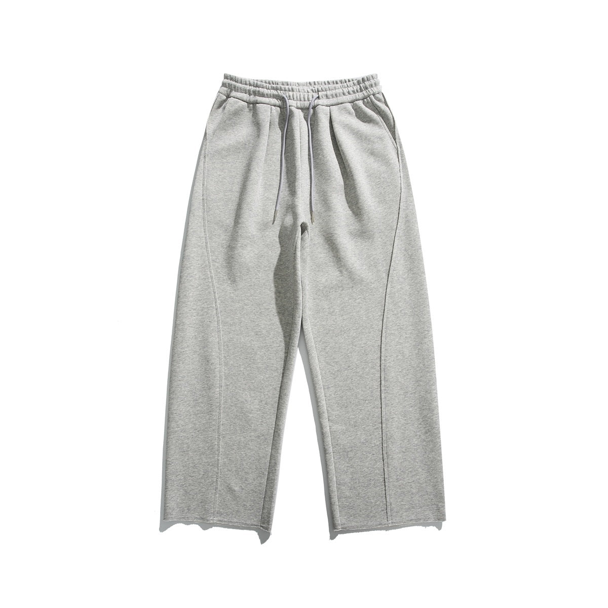 Heather gray wide-leg sweatpants with drawstring waist, curved leg seams and raw hems, flat lay front view