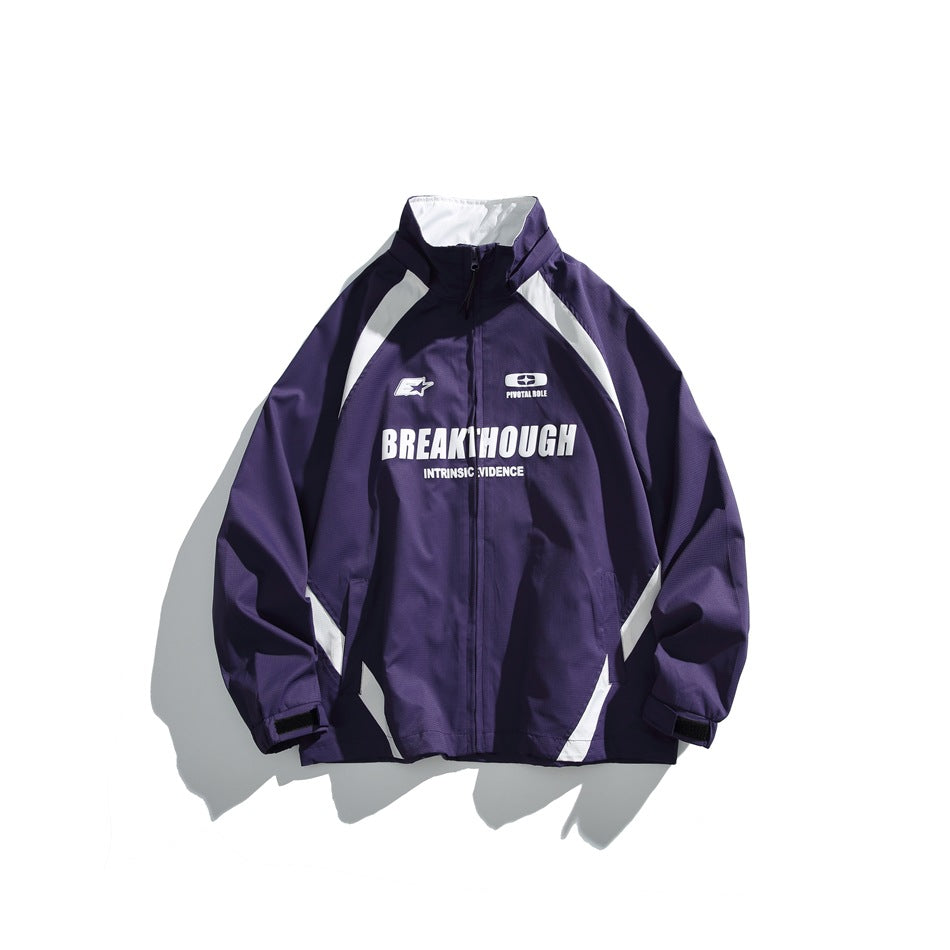 Front view of a purple zip jacket with a high collar, white accent panels, and English chest lettering, laid flat.