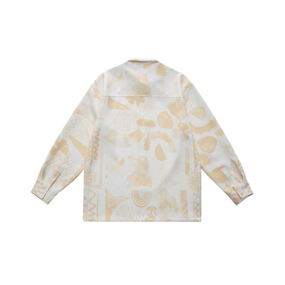 Back view of a cream long-sleeved shirt jacket covered in a pale beige abstract geometric print.