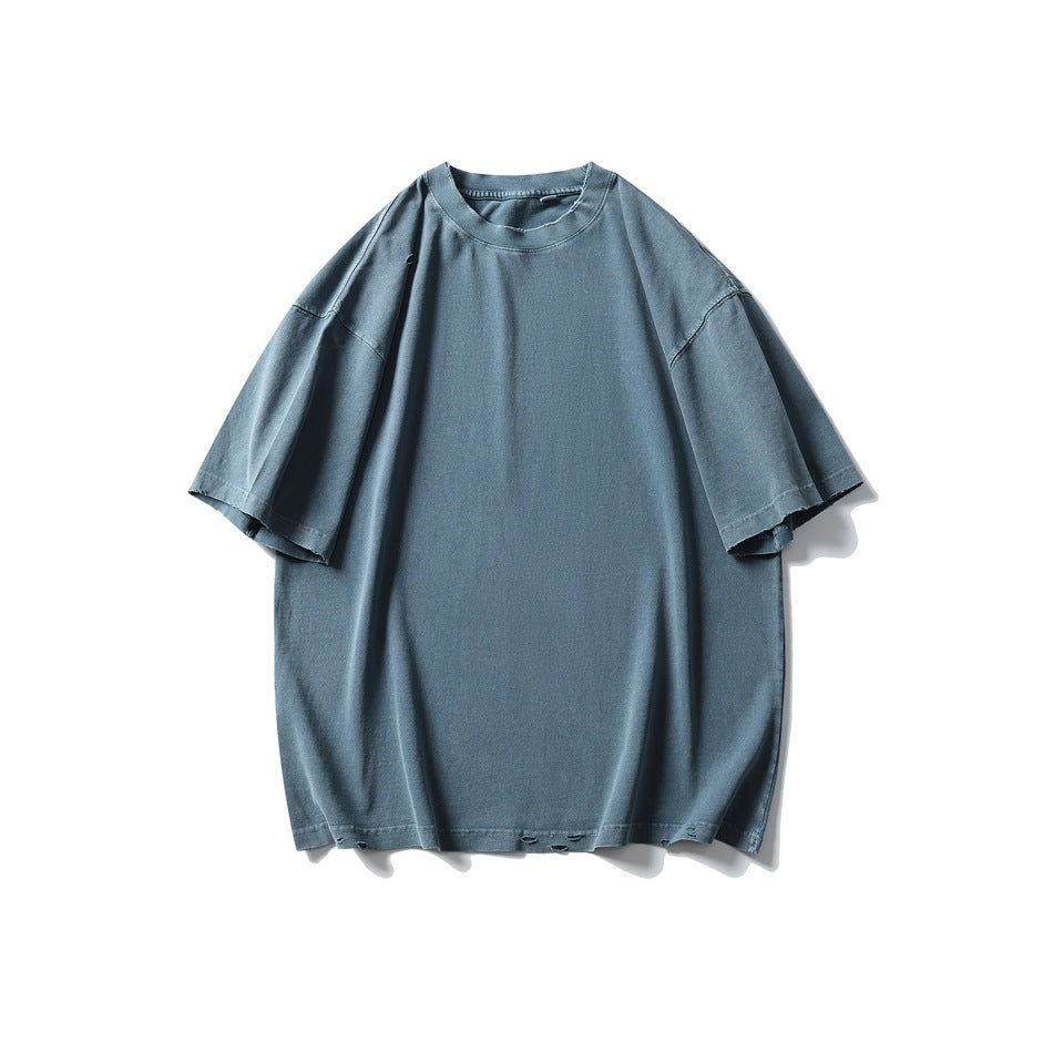 Sky blue distressed short-sleeve crew-neck T-shirt, flat front view on white background