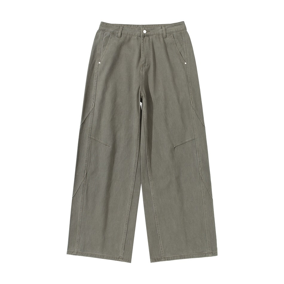 Gray-green wide-leg pants flat lay, front view, with zip fly, slant pockets and curved seam details