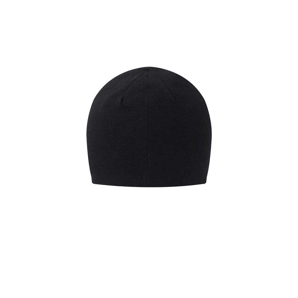 Plain black knit beanie shown from the back, with visible crown seams.