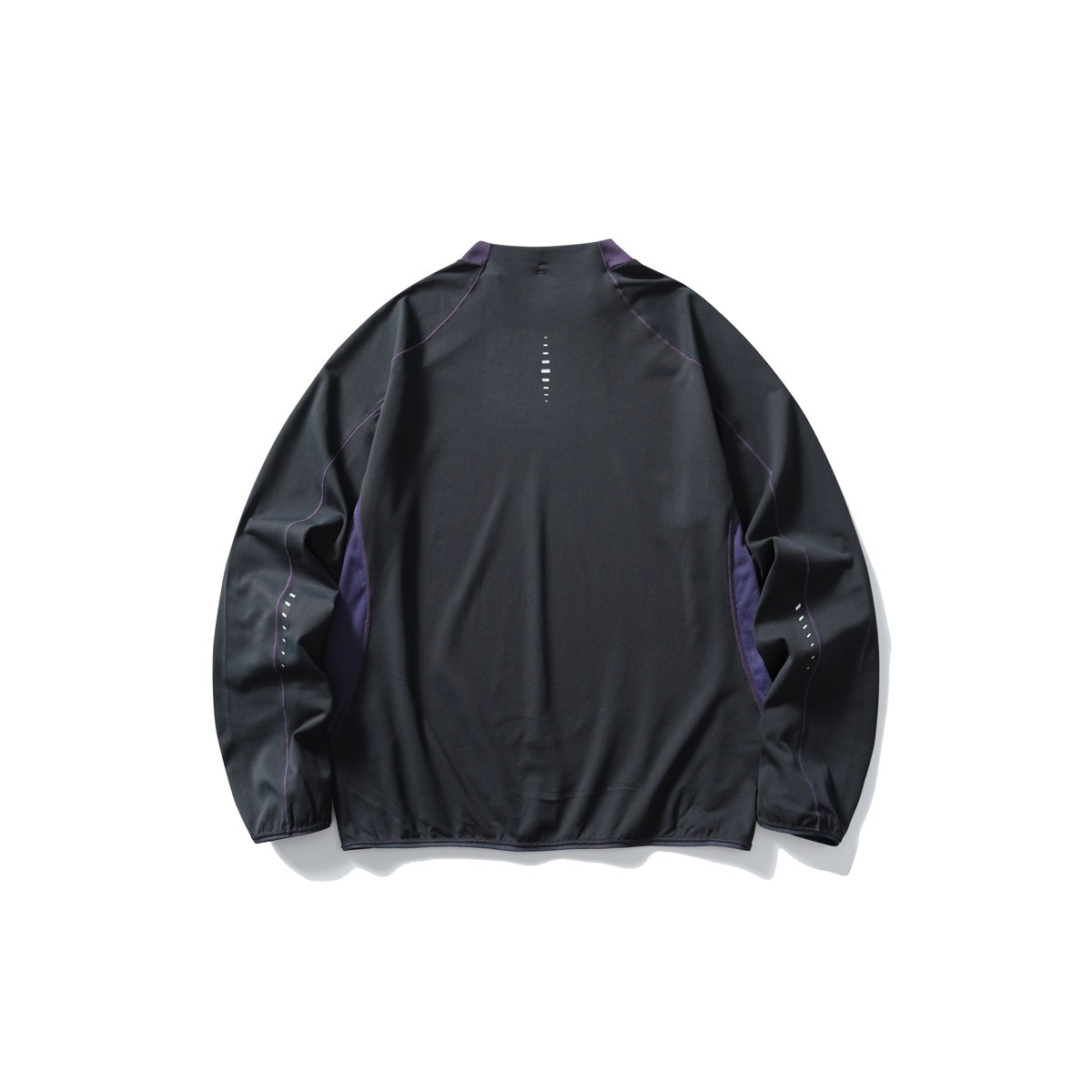 Back view of a charcoal long-sleeve top laid flat, with purple side accents and reflective dash details.